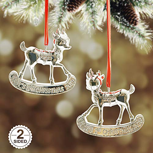 Product Cover Baby's First Christmas Ornaments 2019,Metalic Silver Reindeer Christmas Tree Ornament, Made of Resin,3D Design Gifts Box Included(Plating Reindeer)