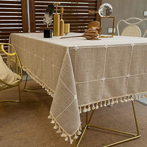 Product Cover TEWENE Tablecloth, Rectangle Table Cloth Cotton Linen Wrinkle Free Anti-Fading Checkered Embroidery Tablecloths Dust-Proof for Kitchen Dining Party(Rectangle/Oblong, 55''x86'',6-8 Seats, Light Brown)
