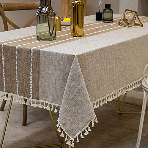 Product Cover TEWENE Tablecloth, Rectangle Table Cloth Cotton Linen Wrinkle Free Anti-Fading Embroidery Tablecloths Washable Dust-Proof for Tabletop Decoration (Rectangle/Oblong, 55''x86'',6-8 Seats, Light Coffee)