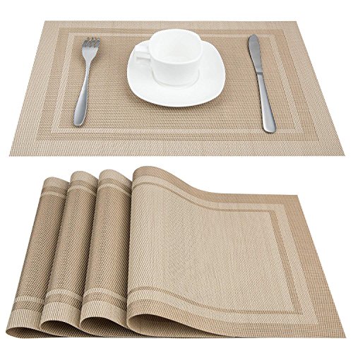 Product Cover Artand Placemats, Heat-Resistant Placemats Stain Resistant Anti-Skid Washable PVC Table Mats Woven Vinyl Placemats, Set of 6 (Beige)
