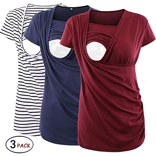 Product Cover Ecavus 3 Packs Women's Ruched Side-Shirred Nursing Top Breastfeeding Tee Shirt