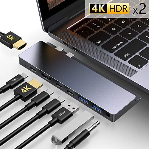 Product Cover USB C Hub,GIKERSY 8-in-1 Type C Adapter with 2 HDMI 4K,3 USB-C Ports,2 USB 3.0 Ports,3.5mm Audio Jack,Compatible with MacBook Pro 2018/2017/2016 13/15inch,MacBook Air 2018 13 inch