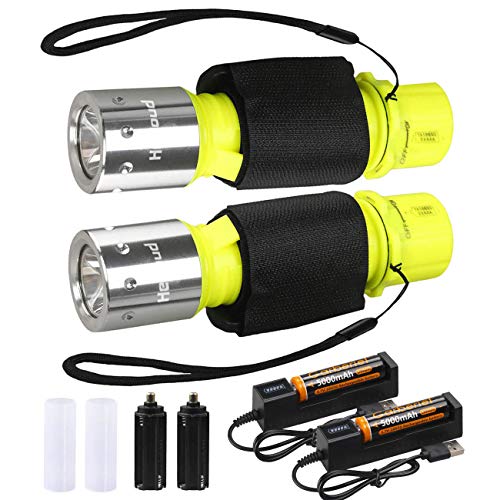 Product Cover HECLOUD 2 Pack LED XM-T6 Professional Diving Flashlight with Battery Charger, Bright LED Submarine Light Scuba Safety Lights Waterproof Underwater Torch for Outdoor Under Water Sports (Yellow)