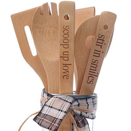 Product Cover Bamboo Utensils Set - 6 Piece Bamboo Cooking Utensils with Engraved Handles| Wooden Cooking Utensils Set for Everyday Use or HouseWarming Gifts Christmas Birthday Thinking of You Gift