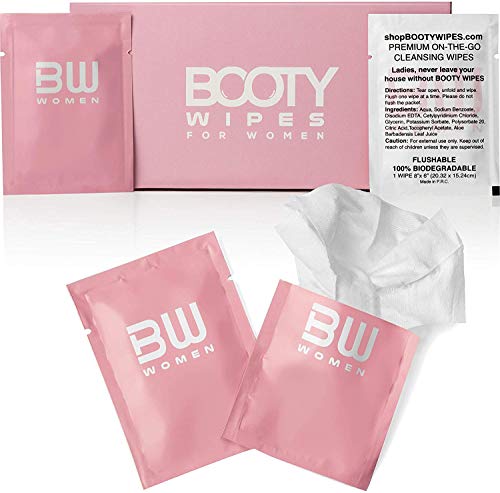 Product Cover BOOTY WIPES for Women - 30 Individually Wrapped Flushable Wet Wipes for Travel, Flushable Wipes for Adults, Feminine Wipes, pH Balanced Vaginal Wipes, Vitamin E & Aloe Vera (Pink, 30 Count)