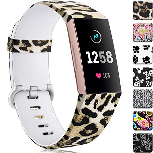 Product Cover Maledan Bands Compatible with Fitbit Charge 3, Water Resistant Soft Flexible Adjustable Accessories Printed Strap Wristbands, Fits Women Girls, Leopard Pattern, Small