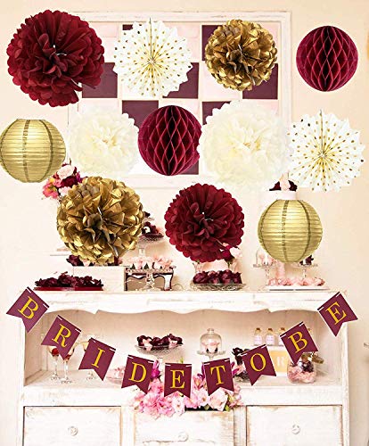 Product Cover Burgundy Gold Bridal Shower Decorations/Fall Wedding Decorations Burgundy Tssue Pom Pom Honeycomb Balls Polka Dot Fans Bride to Be Banner for Burgundy Wedding/Bachelorette Party Decorations