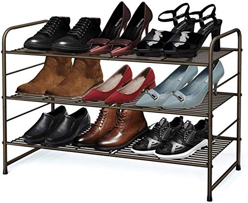 Product Cover Simple Trending 3-Tier Stackable Shoe Rack, Expandable & Adjustable Shoe Shelf Storage Organizer, Wire Grid, Bronze