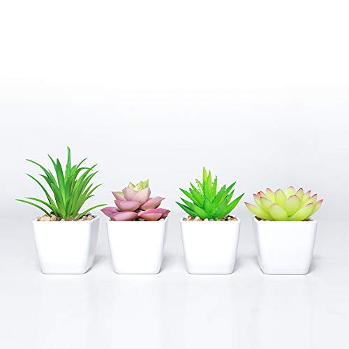 Product Cover DuHouse Fake Succulents Plants Artificial Plant Potted in Mini Square White Pots for Wedding Home Garden Decor Set of 4(Green)