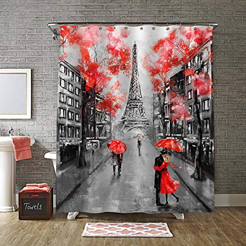 Product Cover MitoVilla Couple Under Umbrella at Paris Street Shower Curtain Set, Abstract European Citysapce and Paris Landmak Eiffel Tower Oil Painting Bahtroom Decor for Vintage Home, Red, Black, 72