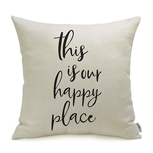 Product Cover Meekio Farmhouse Pillow Covers with This is Our Happy Place Quotes 18 x 18 Inch Farmhouse Decor Housewarming Gifts for The Home
