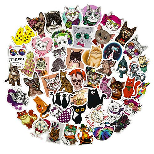 Product Cover 50PCS Not Repeated Cute Cat Stickers Waterproof Laptop Water Bottle Skateboard Decorative Stickers for Girls and Boy (Kitty)