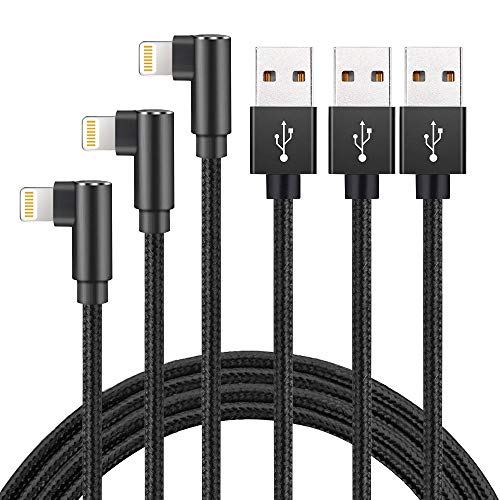 Product Cover 3 Pack 6FT Super Fast 2.4A Current Nylon Braided Cable 90 Degree Charging Cord Compatible with iPhone Xs/Max/XR/X/8/8Plus/7/7Plus/6S/6S Plus/SE/iPad/Nan More (Black, 6FT)