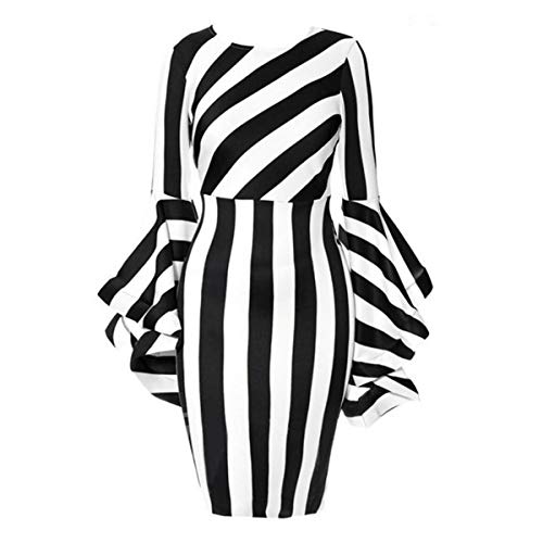 Product Cover Women's Costume Elegant Dresses Plus Size Striped Crew Neck Ruffles Long Sleeve Bodycon Midi Party Dress