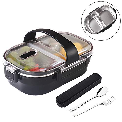 Product Cover Arderlive Insulated Bento Box With portable utensils, 2-Compartment Leakproof Stainless Steel Lunch Container For Kids Or Adults.(BLACK)
