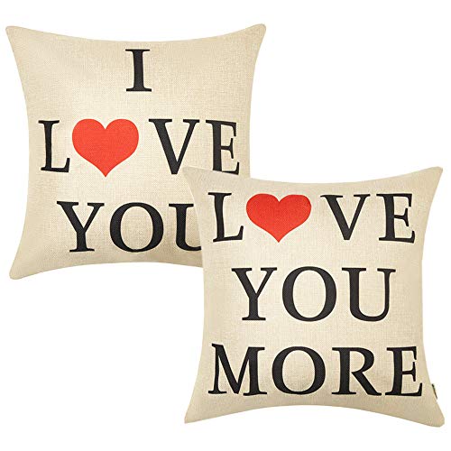 Product Cover Anickal Set of 2 Valentines Pillow Covers 18x18 for Valentines Day Decorations I Love You Love You More Quote Decorative Throw Pillow Covers Cotton Linen Cusion Cover for Home Farmhouse Decor