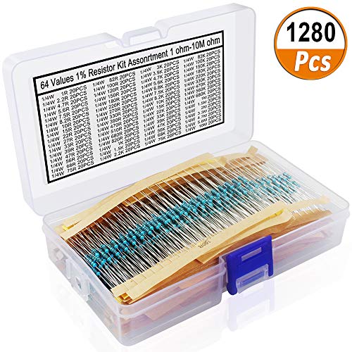 Product Cover 1280 Pieces 64 Values Resistor Kit, 1% Assorted Resistors 1 Ohm-10M Ohm 1/4W Metal Film Resistors Assortment with Storage Box for DIY Projects and Experiments