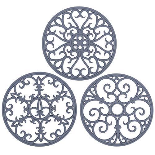 Product Cover Non Slip Silicone Carved Trivet Mats Set For Dishes Pot Holders- Heat Resistant Coasters-Modern Kitchen Hot Pads For Pots & Pans | (Round, Set of 3, Grey)