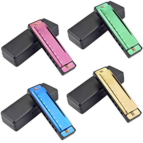 Product Cover 4PCS Key of C 10 Hole 10 Tones Titanium Color Harmonica with Case for Beginner Students Kids（Gold, Purple, Green, Blue）