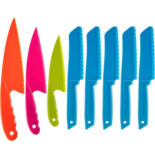 Product Cover Jovitec 8 Pieces Kid Plastic Kitchen Knife Set, Children's Safe Cooking Chef Nylon Knives for Fruit, Bread, Cake, Salad, Lettuce Knife (Color 3)