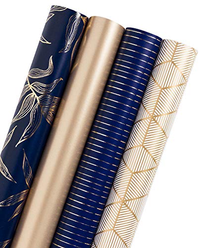 Product Cover WRAPAHOLIC Gift Wrapping Paper Roll - Gold and Navy Print with Cut Lines for Birthday, Holiday, Father's Day, Baby Shower Gift Wrap - 4 Rolls - 30 inch X 120 inch Per Roll