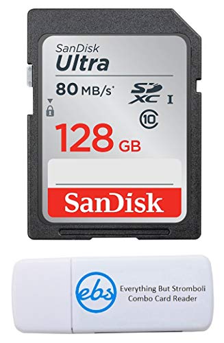 Product Cover SanDisk 128GB SDXC SD Ultra Memory Card 80mb Bundle Works with Nikon Coolpix A900, A100, P1000, W100, W300, B700 Digital Camera (SDSDUNC-128G-GN6IN) Plus (1) Everything But Stromboli (TM) Card Reader