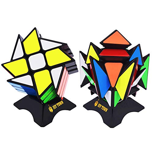Product Cover JoyTown Speed Cube Set of 2 Bundle Pack Windmill Cube Magic Puzzle, YJ Axis V2 New Version Fluctuation Angle Twisty Puzzle, Odd 3x3 Speedcubing with Bonus Stands Black