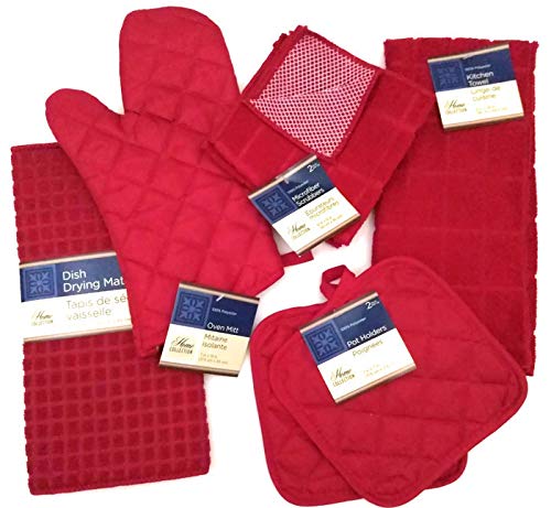 Product Cover Kitchen Towel Set with 2 Quilted Pot Holders, Oven Mitt, Dish Towel, Dish Drying Mat, 2 Microfiber Scrubbing Dishcloths (Red)