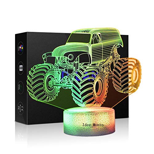 Product Cover 3D Night Lights for Children, Kids Night Lamp, Monster Trucks for Boys, 7 LED Colors Changing Lighting, Car Shape Acrylic Lighting Table Desk Bedroom Decoration, Cool Gifts Ideas Birthday Xmas