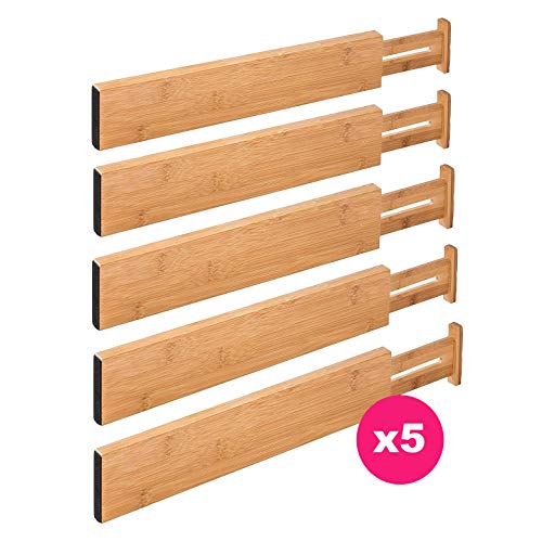 Product Cover RAPTUROUS Bamboo Drawer Dividers - Pack Of 5 Expandable Drawer Organizers With Anti-Scratch Foam Edges - Adjustable Drawer Organization Separators For Kitchen, Bedroom, Baby Drawer, Bathroom and Desk