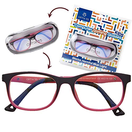 Product Cover Kids Blue Light Blocking Glasses - Anti Eyestrain - Computer Video Gaming Eyeglasses for Boys & Girls - Bendable & Unbreakable Flexible Pink Square Frame Eye Glasses (Pink)