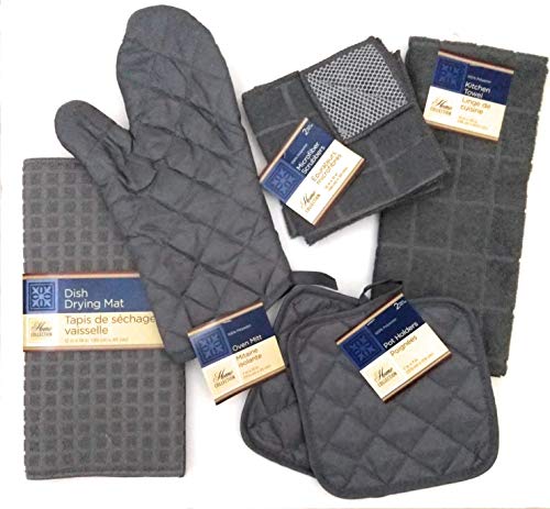 Product Cover Kitchen Towel Set with 2 Quilted Pot Holders, Oven Mitt, Dish Towel, Dish Drying Mat, 2 Microfiber Scrubbing Dishcloths (Gray)