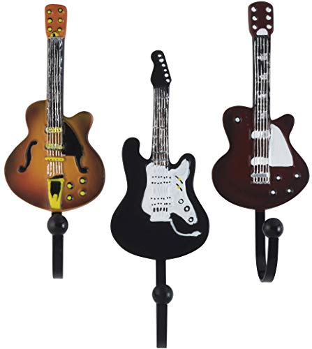 Product Cover Decorative Vintage Guitar Resin Wall Coat Hooks in Tan, Brown and Black Colors (Set of 3)