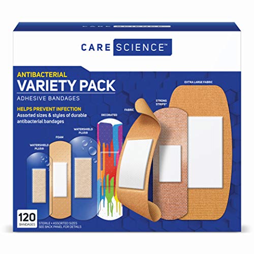 Product Cover Care Science Antibacterial Adhesive Bandages Variety Pack, 120 CT | Including Fabric, Durable, Assorted Sizes, Clear, Decorative, Waterproof Bandages. Helps Prevent Infections