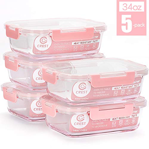 Product Cover Glass Meal Prep Containers [5-Pack, 34Oz] - Food Storage Containers with LIFETIME Lids - Food Storage Containers for kitchen use Meal Prepping