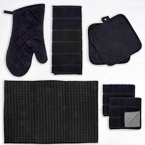 Product Cover Kitchen Towel Set with 2 Quilted Pot Holders, Oven Mitt, Dish Towel, Dish Drying Mat, 2 Microfiber Scrubbing Dishcloths (Black)