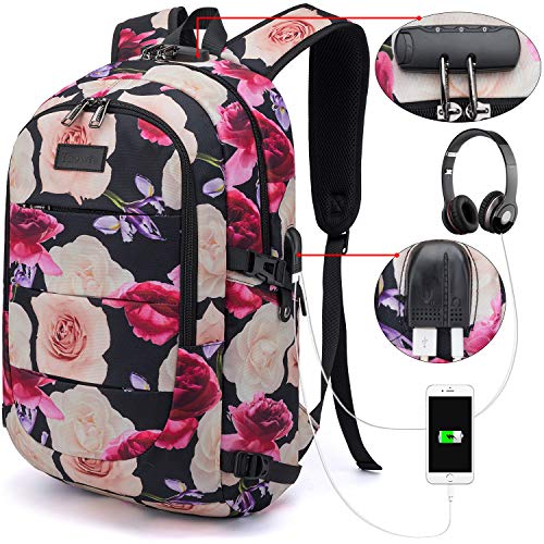 Product Cover Tzowla Business Laptop Backpack Water Resistant Anti-Theft College Backpack with USB Charging Port and Lock 15.6 Inch Computer Backpacks for Women Girls, Casual Hiking Travel Daypack (Flower)