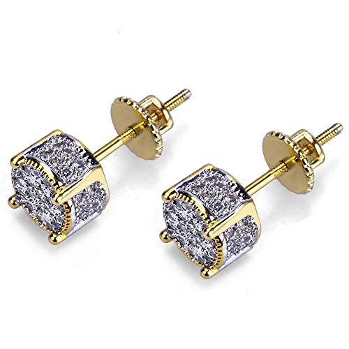 Product Cover Iced Out Cubic Zirconia Screw Back 18k Gold Plated Round Stud Earring For Men and Women Hypoallergenic Earring TwoTone Micropave Hip Hop Jewelry SENTERIA