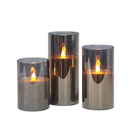 Product Cover Gray Glass Battery Operated Flameless Led Candles with Timer, Warm White Flickering Light, Batteries Included - Set of 3