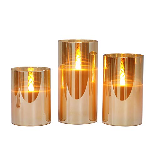 Product Cover Gold Glass Battery Operated Flameless Led Candles with Timer, Warm White Flickering Light, Batteries Included - Set of 3