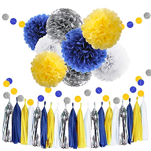 Product Cover 30pcs Tissue Pom Poms Yellow Blue Color Party Supplies,Navy Yellow White Silver Birthday Party Decorations Paper Tassel Garland for Bridal Shower Wedding School Ceremony Graduation Theme Party Supplie