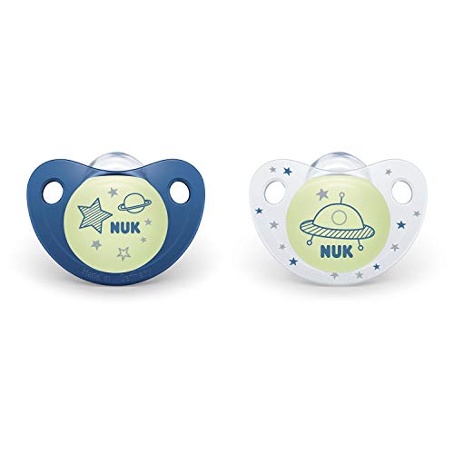 Product Cover NUK Cute-as-a-Button Glow-in-The-Dark Orthodontic Pacifiers, Boy, 6-18 Months, 2-Pack
