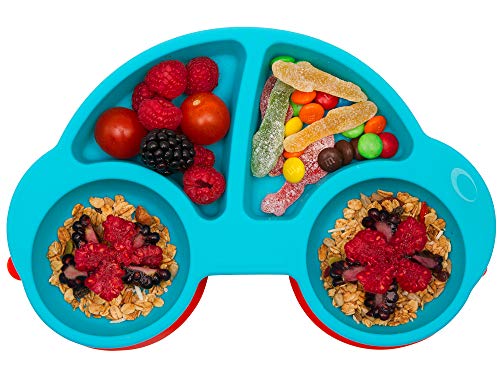 Product Cover Qshare Toddler Plates, Portable Baby Plates for Toddlers, BPA-Free FDA Approved Strong Suction Plates for Toddlers, Dishwasher and Microwave Safe Silicone Placemat 11x8x1'' (CarBlue)