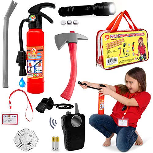 Product Cover Fireman Toys Role Play Kit Great for Fireman Costume or Pretend Play Includes Fire Extinguisher Real Working Flashlight and More