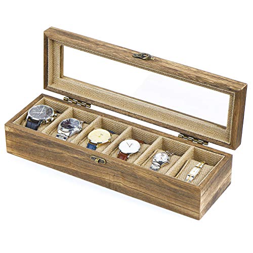 Product Cover SRIWATANA Watch Box Case Organizer Display for Men Women, 6 Slot Wood Box with Glass Top, Vintage Style