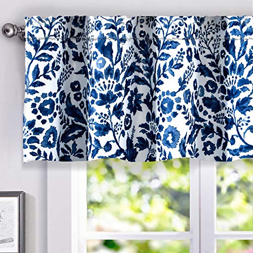 Product Cover DriftAway Julia Watercolor Blooming Flower Floral Lined Thermal Insulated Window Curtain Valance Rod Pocket 52 Inch by 18 Inch Plus 2 Inch Header Navy 1 Pack