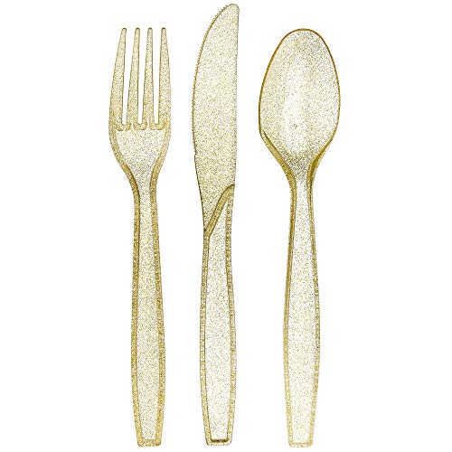 Product Cover 180 Gold Plastic Silverware Set | Glitter Gold Cutlery | Glitter Clear Plastic Cutlery Set | Disposable Silverware Flatware Set | 60 Gold Forks, 60 Gold Spoons, 60 Gold Knives | Fancy Party Utensils