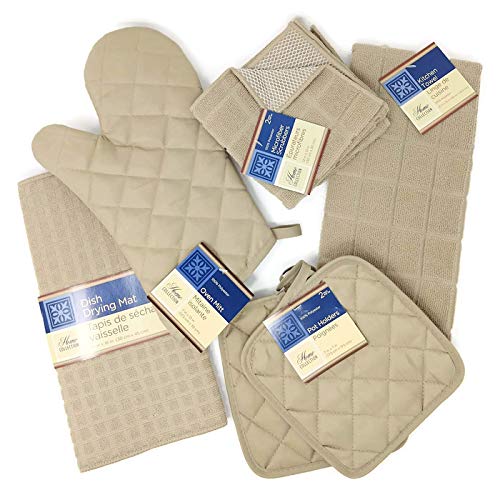 Product Cover Kitchen Towel Set with 2 Quilted Pot Holders, Oven Mitt, Dish Towel, Dish Drying Mat, 2 Microfiber Scrubbing Dishcloths (Tan)