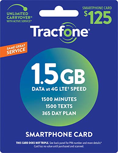 Product Cover TracFone (Smartphone Only) Airtime Prepaid Service Card - Mail Delivery - 1.5GB Data / 1500 Minutes / 1500 Texts (1500 Minutes / 1500 Texts / 1.5GB Data, 365 Days)