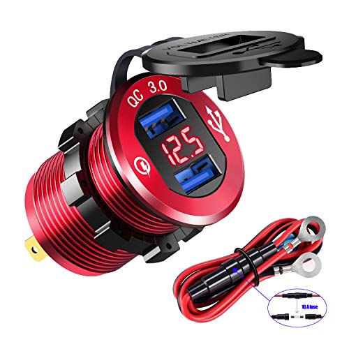 Product Cover YONHAN Quick Charge 3.0 Dual USB Charger Socket, Waterproof Power Outlet Fast Charge with LED Voltmeter & Wire Fuse DIY Kit for 12V/24V Car Boat Marine ATV Bus Truck and More - Red